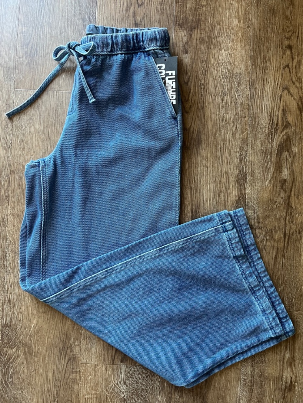 Future Collective Denim wide leg Jogger Pants Size Small NWT Pull On Drawstring